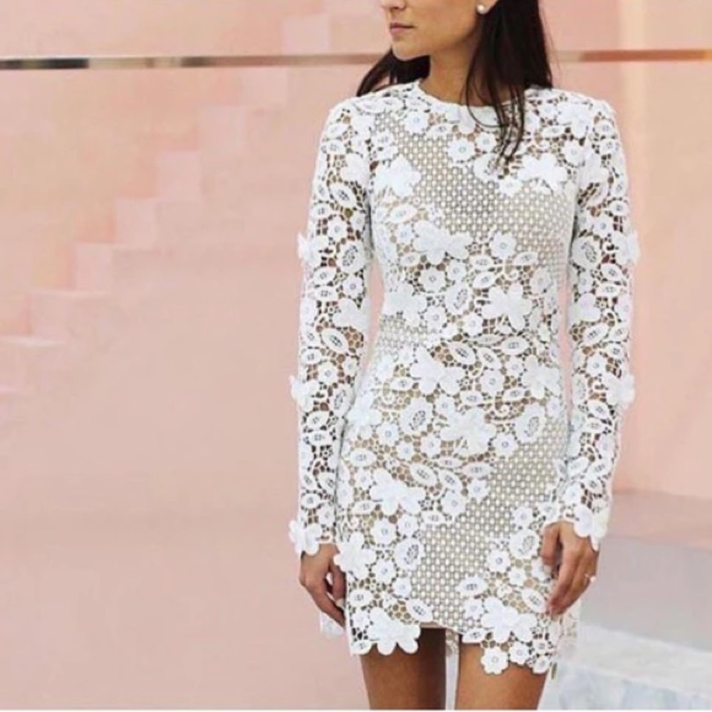 Self Portrait floral lace long sleeve white mini dress US 4 UK 8